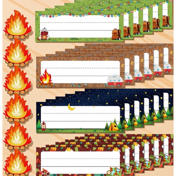 48 Camping Themed Name Tags with Campfire Cutouts, Self-Adhesive Desk Nameplates, 4 Styles, 10 x 3.4 In