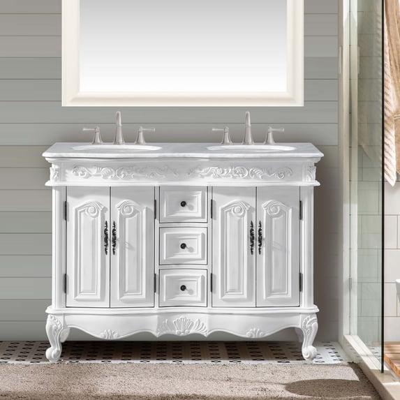 48" Carrara White Marble Top Bathroom Vanity Double Sink Antique White Cabinet