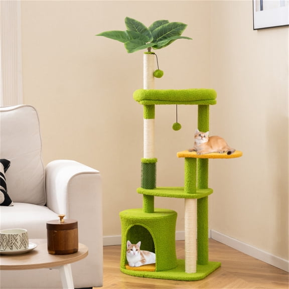 48" Cat Tree with Tropical Leaves Self-Groomer & Sisal Scratching Posts Space-Saving Multi-Level Cat Tower (Green+Orange) for Indoor Cats