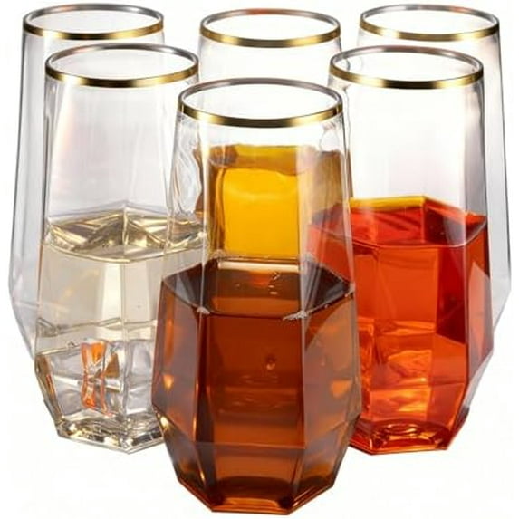 48 Clear Gold Rim Pack Diamond Unbreakable Stemless Plastic Glasses 9 ...