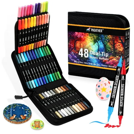 48 Colors Acrylic Paint Markers, Dual Tip with Fine Tip and Brush Tip Pens for Stone, Wood, Calligraphy, Canvas, Ceramic, Metal, Glass, Rock Painting, DIY Crafts Art Supplies Kit