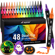 48 Colors Acrylic Paint Markers, Dual-Tip with Fine Tip and Brush Tip Pens for Stone, Wood, Calligraphy, Canvas, Ceramic, Metal, Glass, Rock Painting, and DIY C