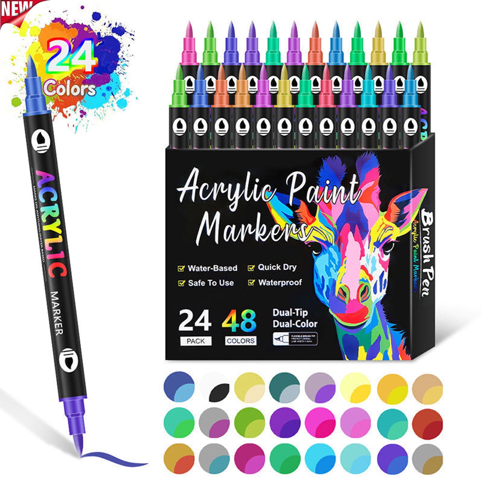 48 Colors Acrylic Paint Markers, Dual-Tip with Fine Tip Pens for Stone, Wood, Calligraphy, Canvas, Ceramic, Metal, Glass, Rock Painting, and DIY Crafts