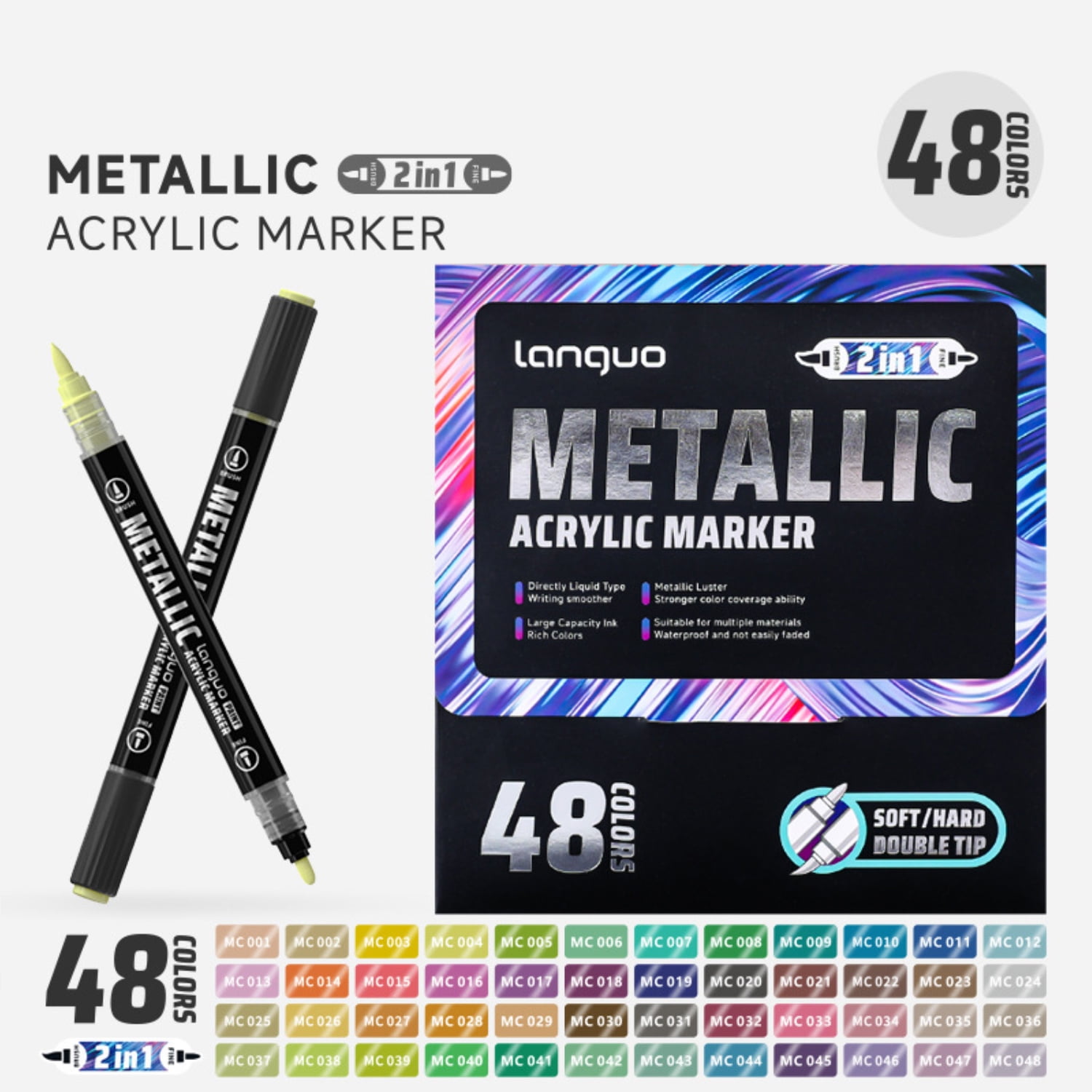 48 Colors Dual-Tip Metallic Acrylic Paint Markers Set, Vibrant Colors, Ideal Gift for Artists and Hobbyists, Works on Multiple Surfaces