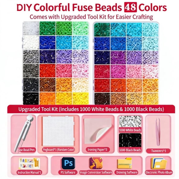 48 Colors Fuse Beads Kit, DIY Pixel Art & Mosaic Craft Set with Pegboard, Tools & 2000 Extra Beads for Kids Creative Crafts