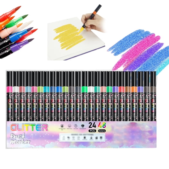 48 Colors Glitter Brush Marker Set, Dual Tip Glitter Pens for Adults, Sparkle Shimmer Markers for Card Making, Scrapbooking, DIY Crafts