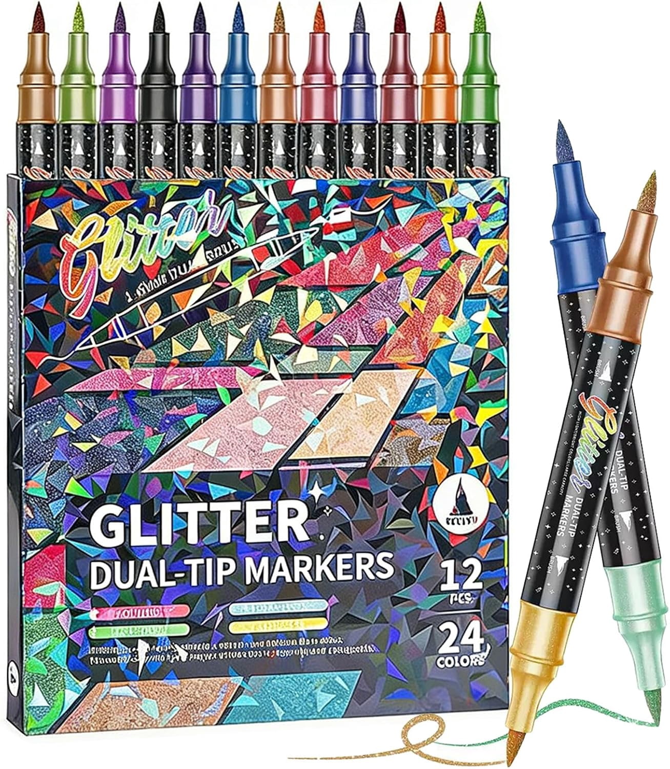 48 Colors Glitter Effect Brush Markers, Dual Tip Metallic Shimmer Pens for Coloring, Smooth Ink Flow No Bleed Glitter Gel Pens for Art Projects, Card Making, Gift for Artists (24Pack 48Colors)