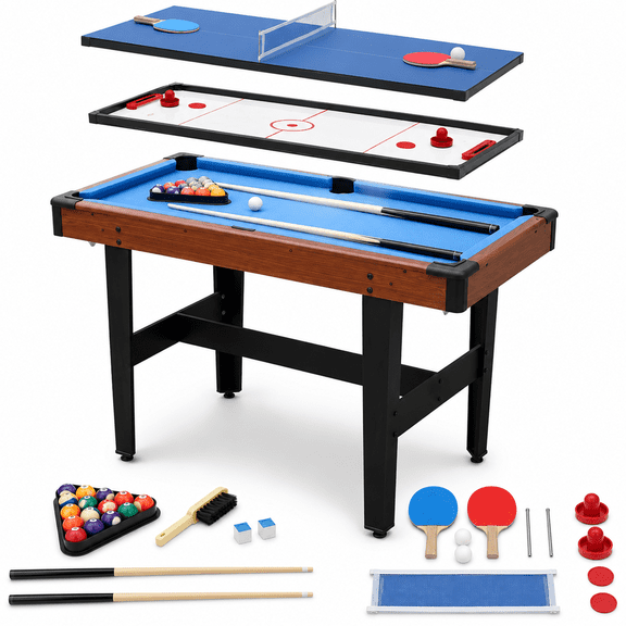 48" Combo Game Table Set, 3-in-1 Billiards Pool Table, Glide Hockey Table & Table Tennis Game Table for Kids Adults Family Game Room, Home, Friends, Brown Blue
