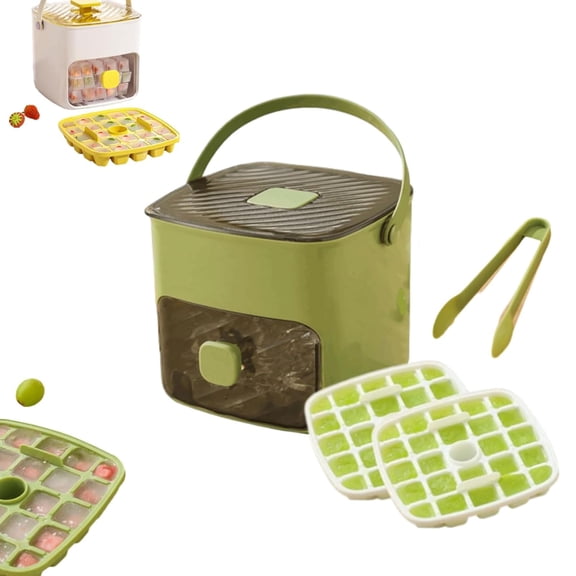 48-Compartment Portable Ice Cube Maker, Hand-Press Ice Tray with Storage Bin, Includes Lid, Bin, and Tongs, for Whiskey, Cocktails, Coffee, Office and Outdoor Use (Green)