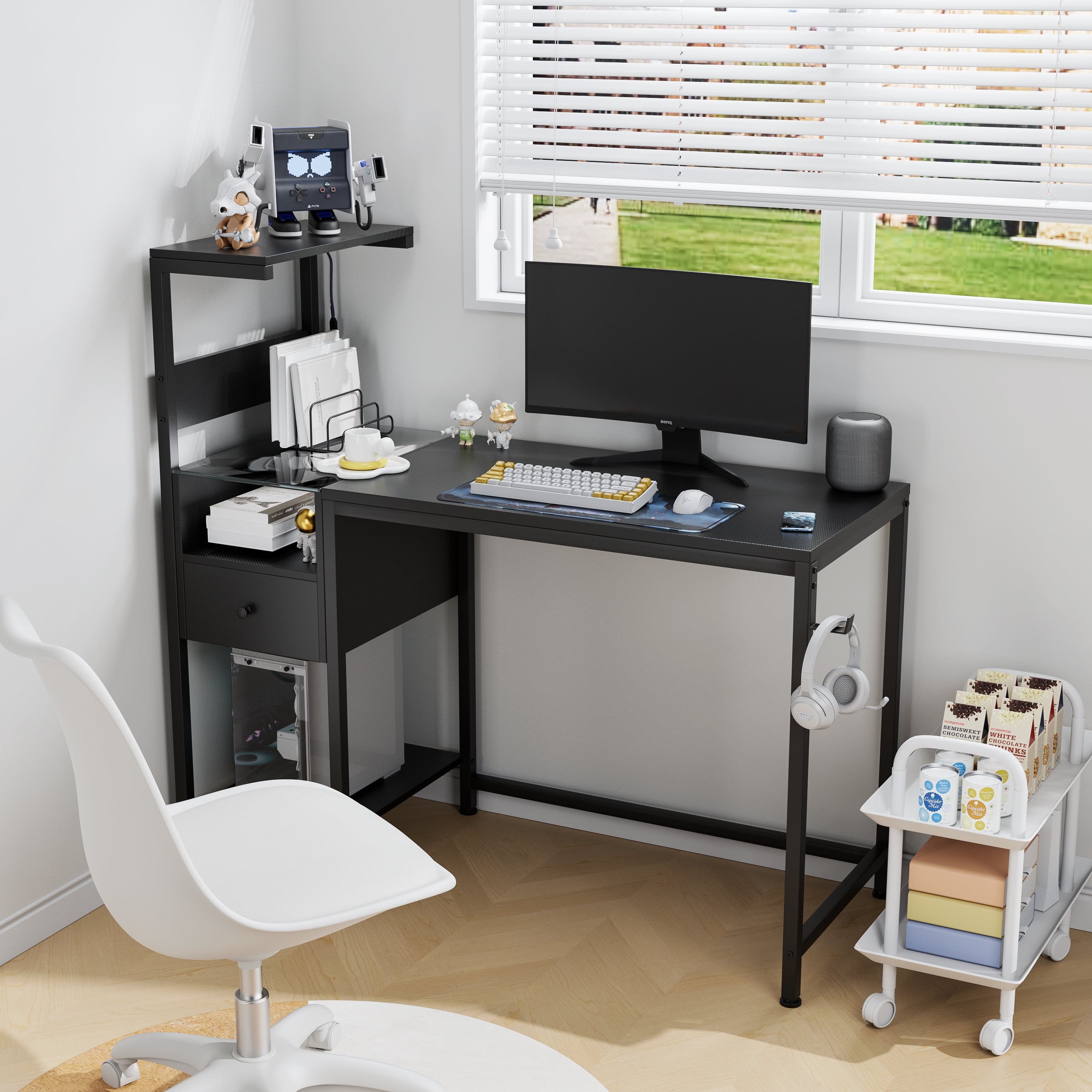 48”Computer Desk with Storage Drawers,Wood Home Office Desks with USB Ports Charging Station,Study Writing Table with Reversible Shelves for Study Bedroom Apartment (Black)