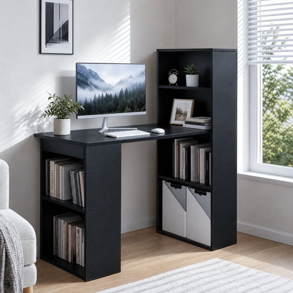 48" Computer Desk with 4-Tier Bookcase, Modern Reversible Home office Desk Writing Desk for Small Spaces, Black