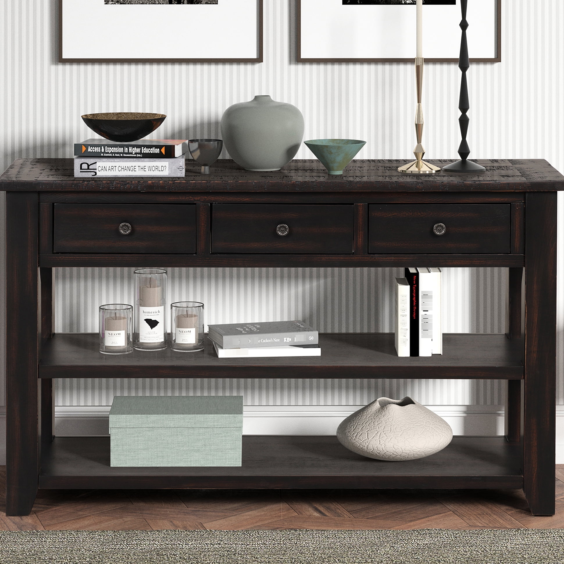 48'' Console Table With Solid Pine Wood Top, Distressed Black, 3 ...