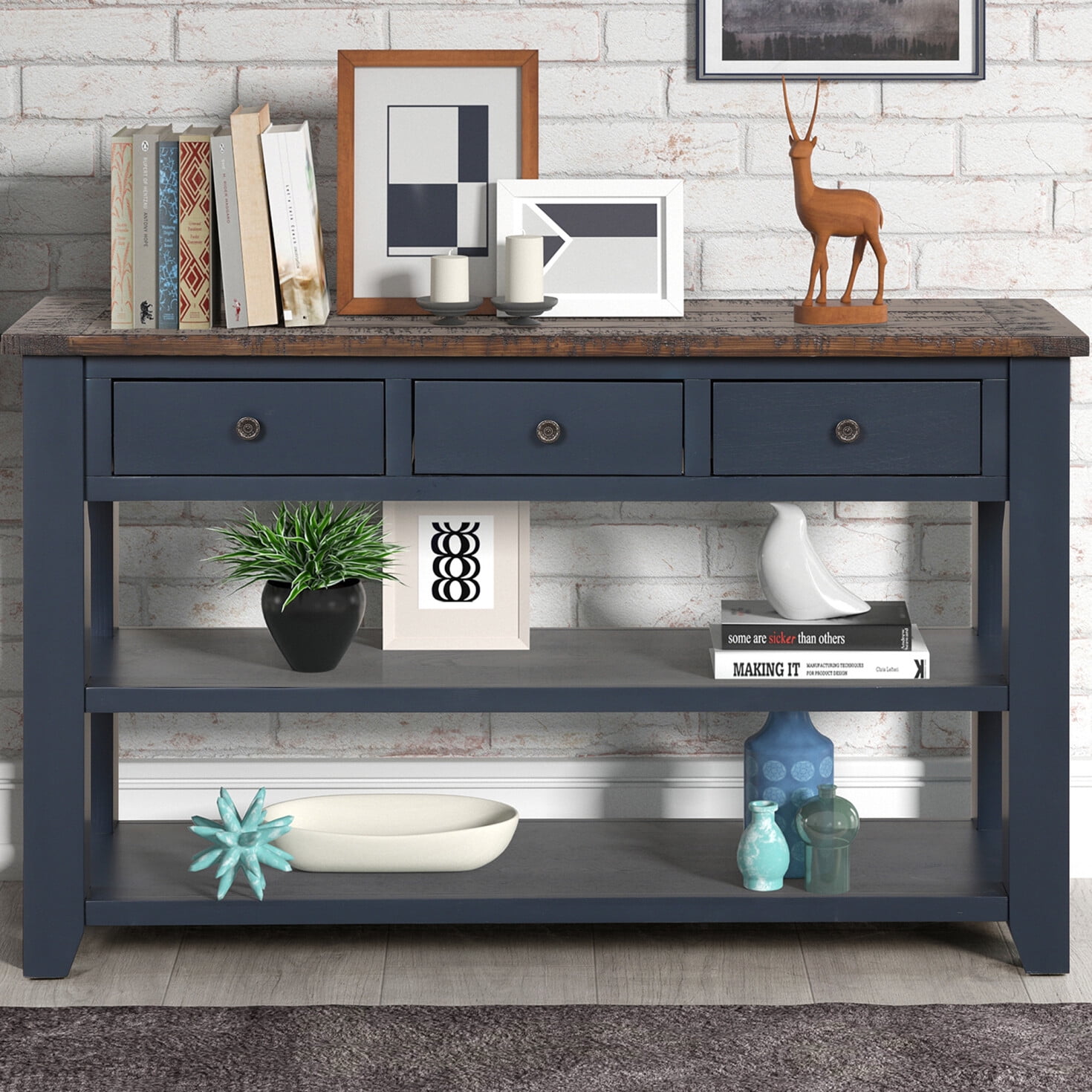 48'' Blue Pine Wood Console Table with Storage Shelves