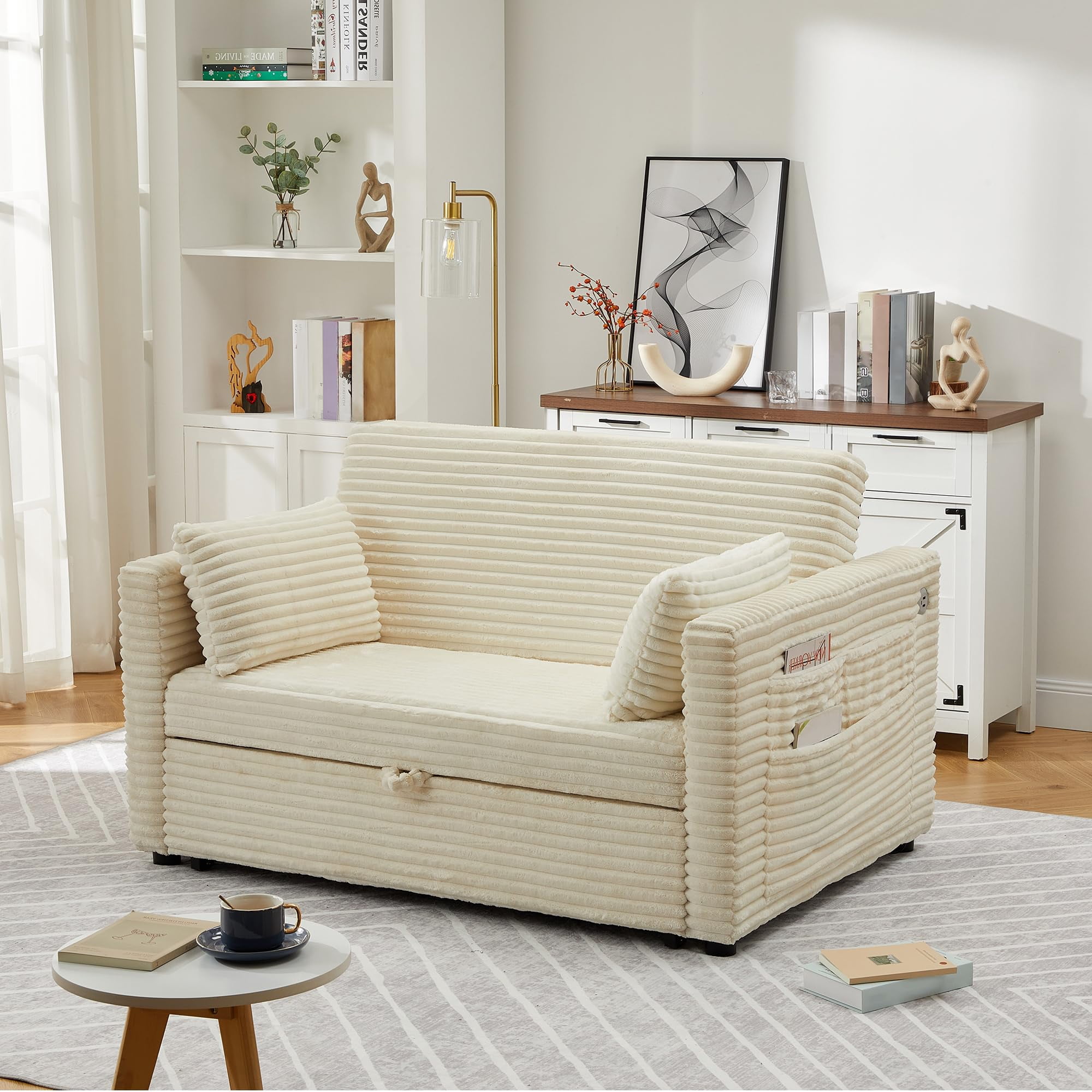 48'' Corduroy Loveseat Sleeper Sofa Bed with Pull-Out Bed, Adjustable Backrest & Charging Ports for Living Room, Bedroom & Apartment