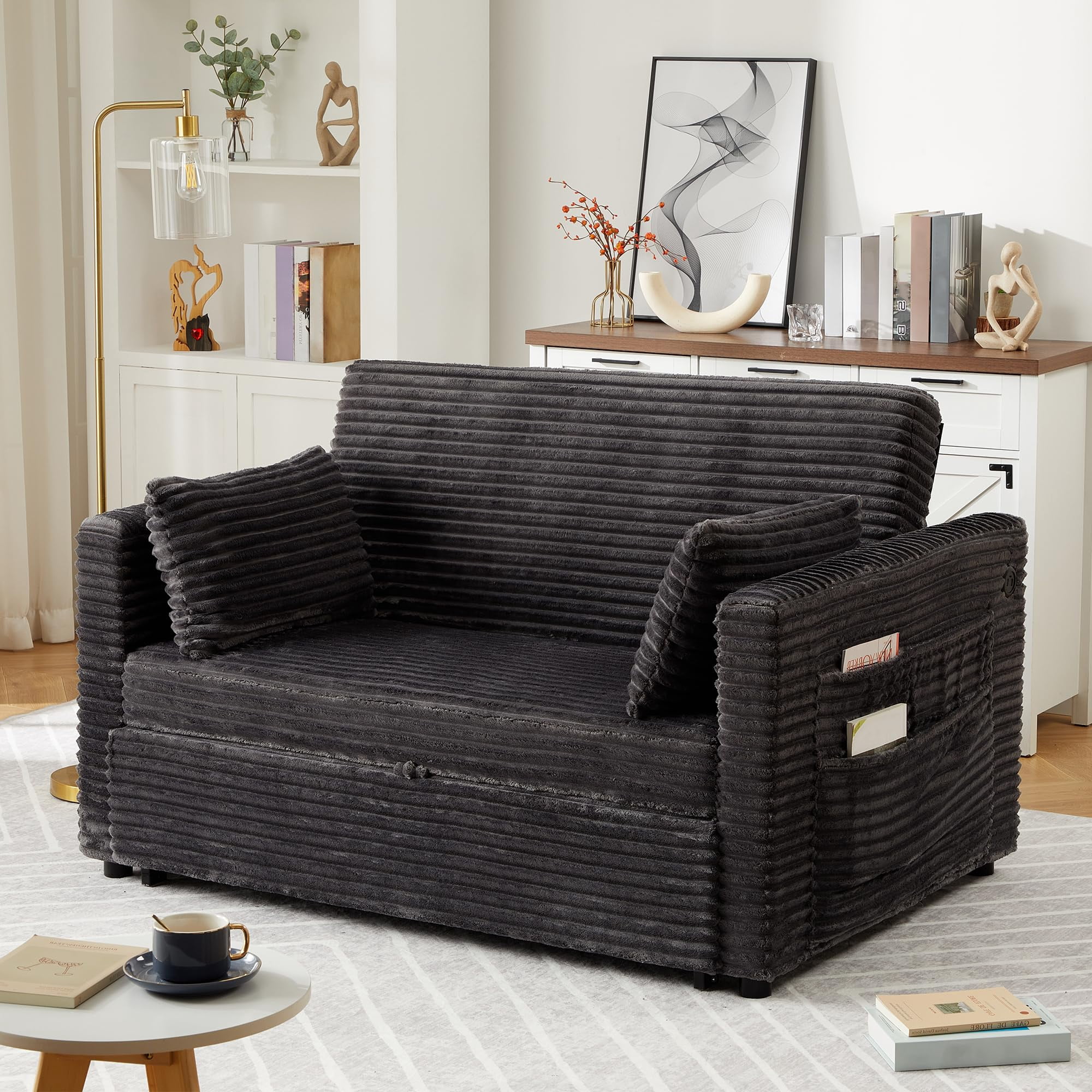 48'' Corduroy Loveseat Sleeper Sofa Bed with Pull-Out Bed, Adjustable Backrest & Charging Ports for Living Room, Bedroom & Apartment