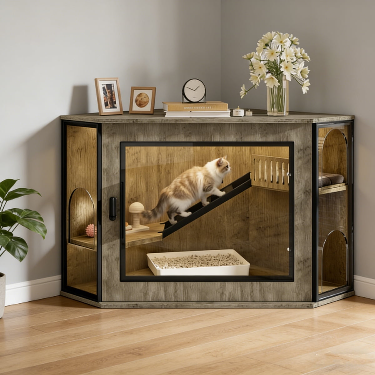 48" Corner Cat Litter Box Enclosure, Modern Hidden Cabinet with Acrylic Door & LED Light, Cat House with Playground & Stairs