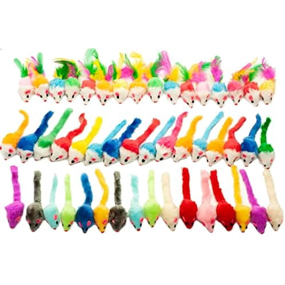 48-Count Assorted Mice Cat Toys Furry Rattle Kitten Toy Mini Mice for Indoor Cats Interactive Play Color Varies