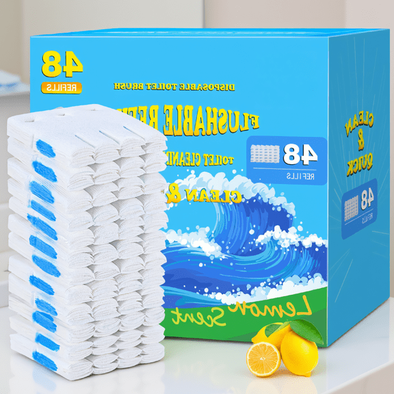 48 Count Flushable Toilet Brush Refill Pads, Disposable Toilet Cleaning Pads, Lemon Scent, Tencel & Wood Pulp, No Handle