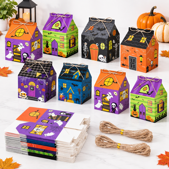48 Count Haunted House Paper Candy Boxes with Assorted Spooky Designs