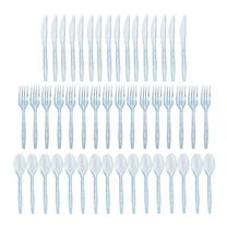 48 Counts Glitter Plastic Silverware Set Disposable Clear Plastic Cutlery Flatware for Party 16 Knives 16 Spoons 16 Fork for Party Birthday Dinnerware Supplies-Blue