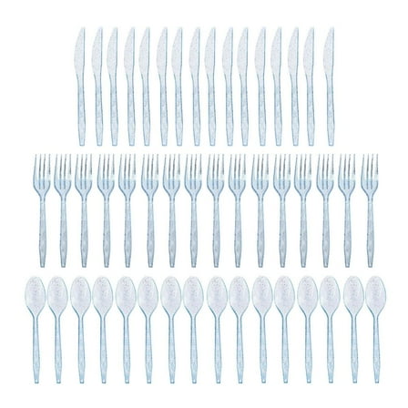 48 Counts Glitter Plastic Silverware Set Disposable Clear Plastic Cutlery Flatware for Party 16 Knives 16 Spoons 16 Fork for Party Birthday Dinnerware Supplies-Blue