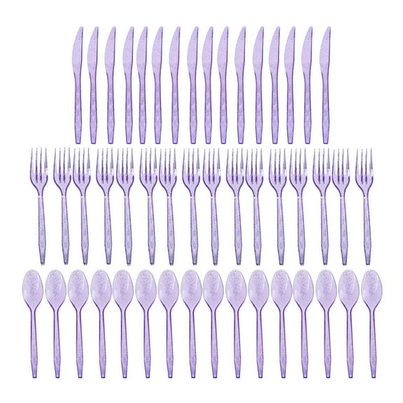 48 Counts Glitter Plastic Silverware Set Disposable Clear Plastic Cutlery Flatware for Party 16 Knives 16 Spoons 16 Fork for Party Birthday Dinnerware Supplies-Purple