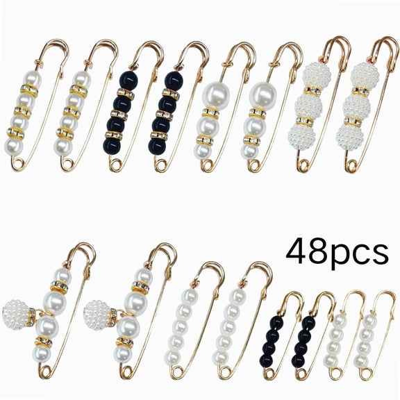 48 Counts Pearl Brooch Pins, No Sewing Sweater Shawl Safety Pins, Cardigan Collar Safety Pins for Women Faux Pearl Clothing Dresses Decoration Pant Tightener, Mixed Style