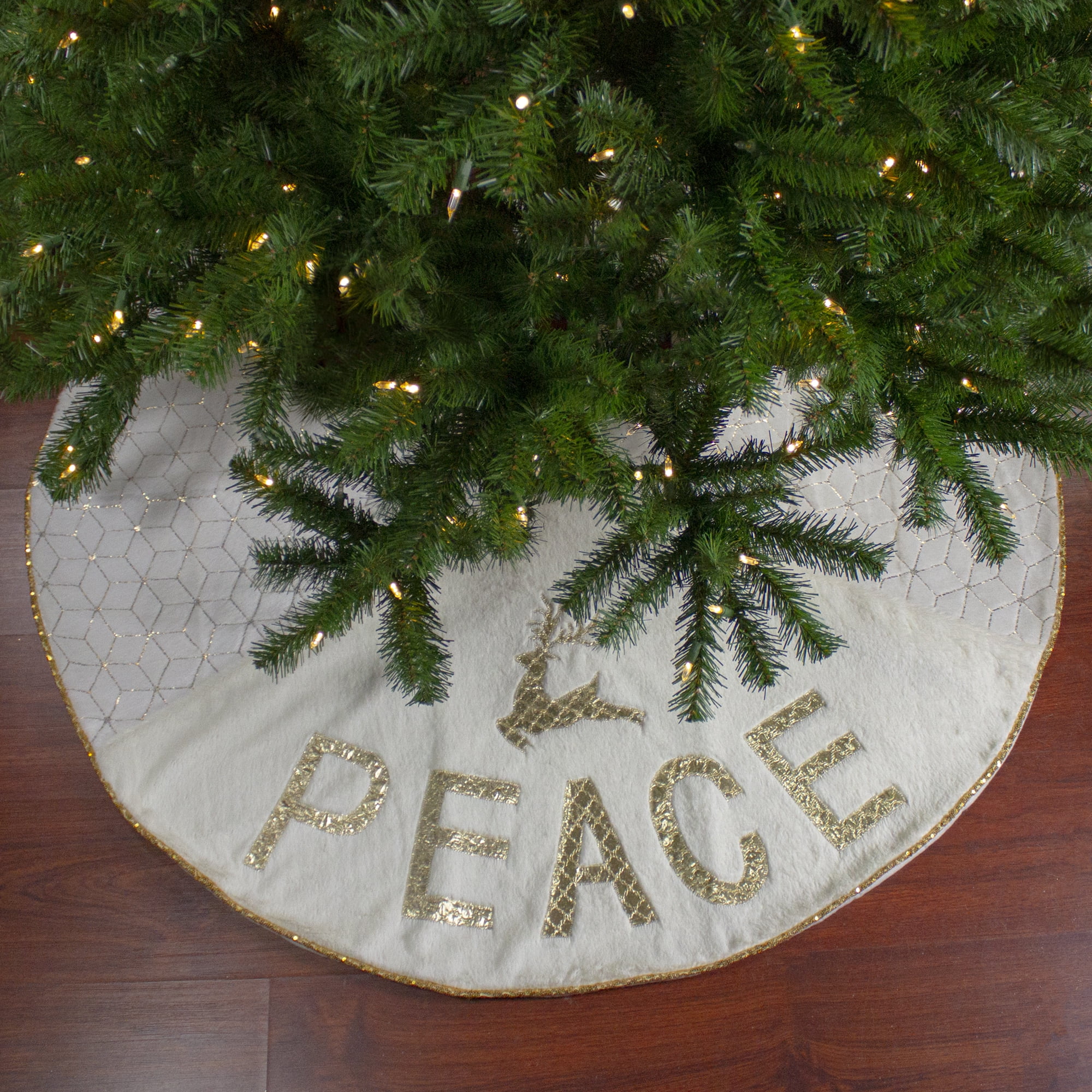 48" Cream and Gold Faux Fur Peace Reindeer Christmas Tree Skirt