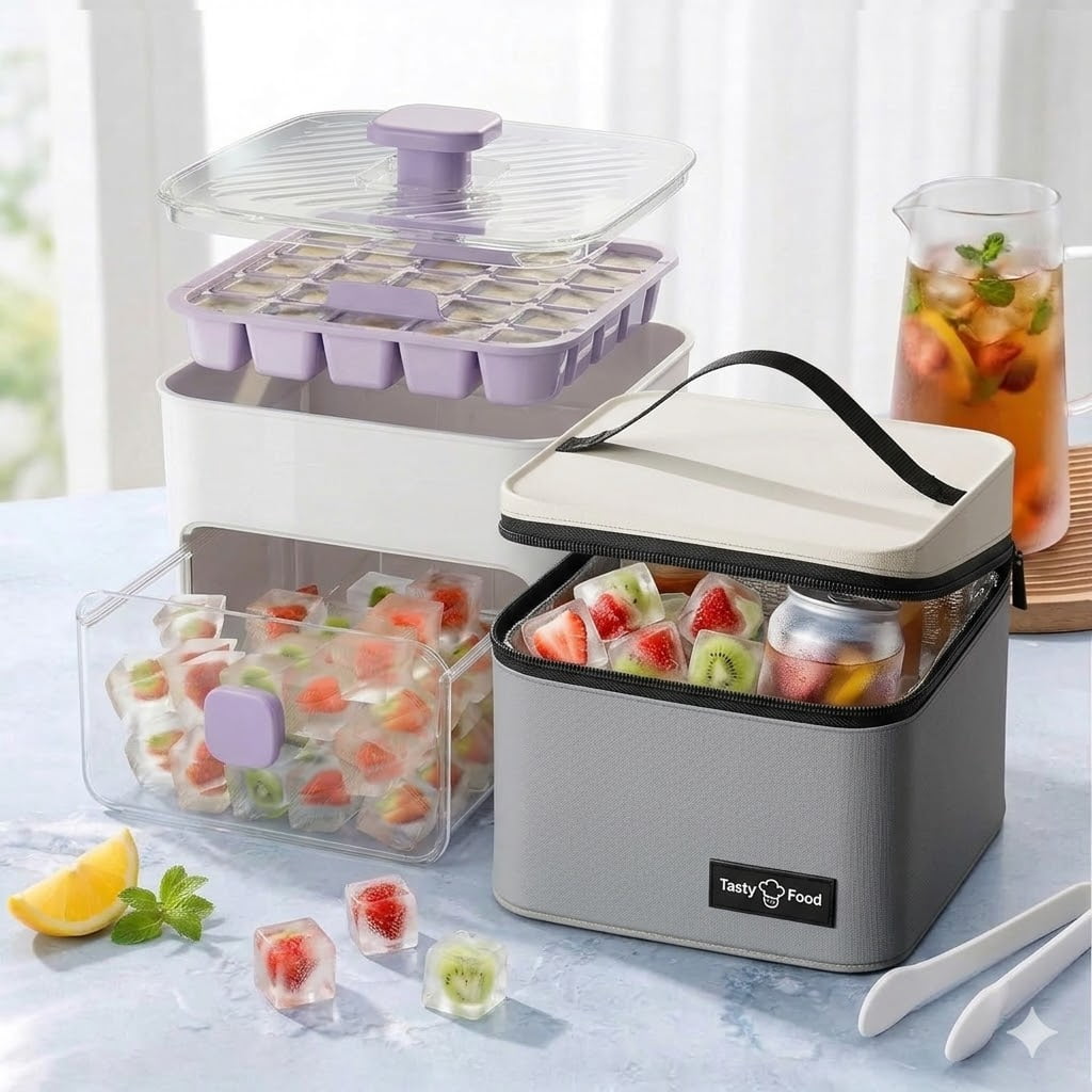 48 Cube Double-Deck Portable Ice Maker with Insulated Bag & Easy Press Lid,Silicone Trays,Counte,Produces 48 Ice Cubes,Stores Over 150 Cubes for DIY Whiskey,Outdoors,Parties