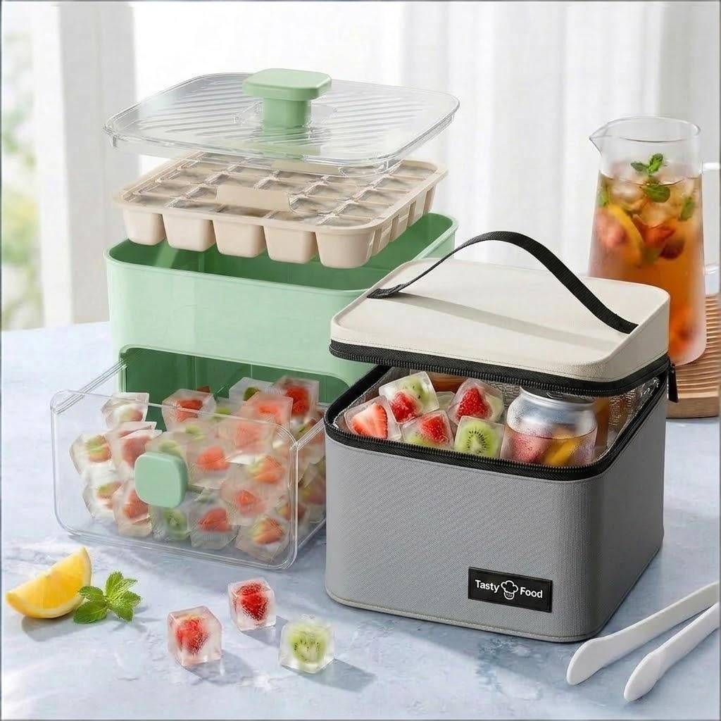 48 Cube Double-Deck Portable Ice Maker with Insulated Bag & Easy Press Lid,Silicone Trays,Counte,Produces 48 Ice Cubes,Stores Over 150 Cubes for DIY Whiskey,Outdoors,Parties