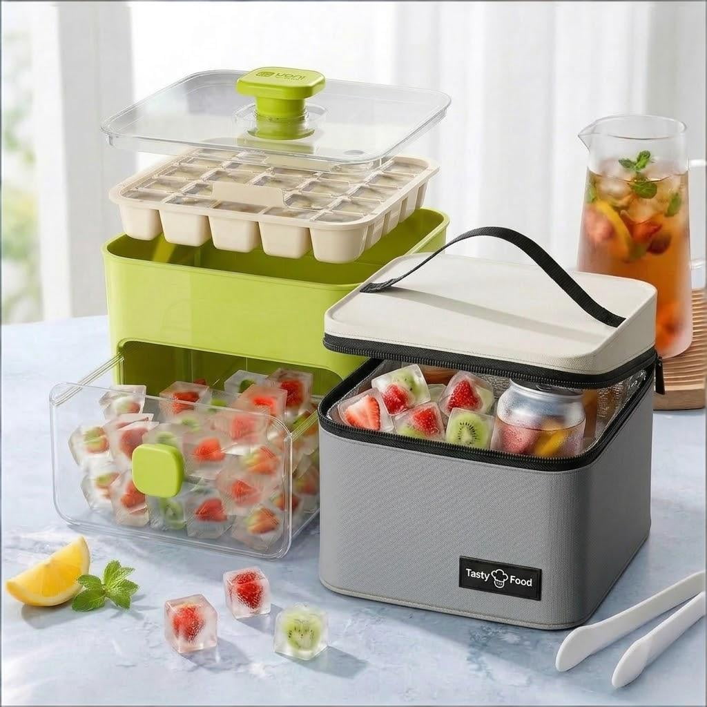 48 Cube Double-Deck Portable Ice Maker with Insulated Bag & Easy Press Lid,Silicone Trays,Counte,Produces 48 Ice Cubes,Stores Over 150 Cubes for DIY Whiskey,Outdoors,Parties