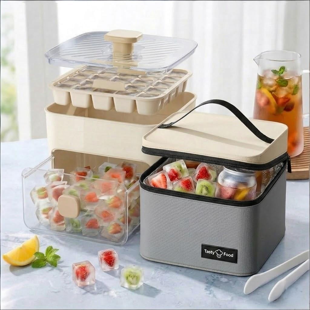 48 Cube Double-Deck Portable Ice Maker with Insulated Bag & Easy Press Lid,Silicone Trays,Counte,Produces 48 Ice Cubes,Stores Over 150 Cubes for DIY Whiskey,Outdoors,Parties