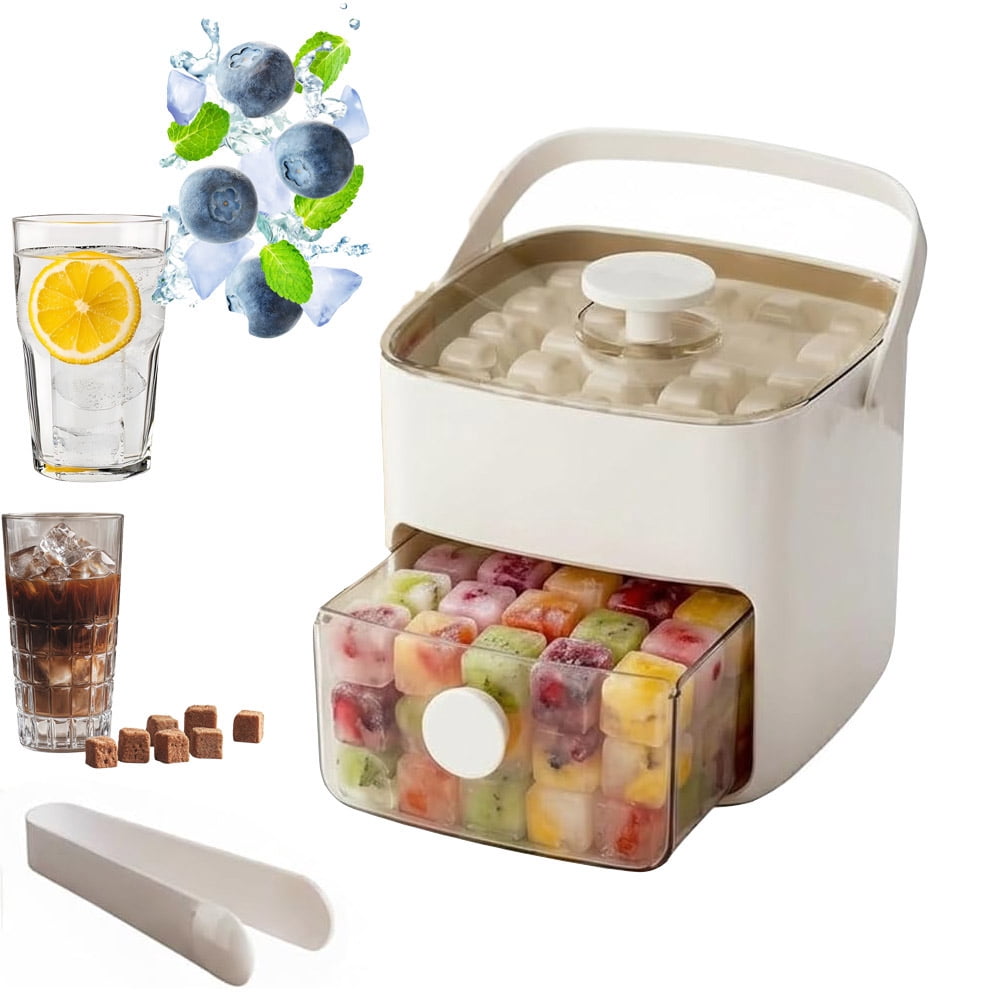 48 Cube Ice Maker with Easy Press Lid, Double-Deck Portable Ice Cube Tray, Ice Cube Mold Maker Container Box for Freezer Includes Lid Bin Tongs for DIY Whiskey Cocktail Coffee Beverages