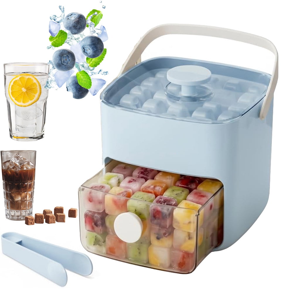 48 Cube Ice Maker with Easy Press Lid, Double-Deck Portable Ice Cube Tray, Ice Cube Mold Maker Container Box for Freezer Includes Lid Bin Tongs for DIY Whiskey Cocktail Coffee Beverages