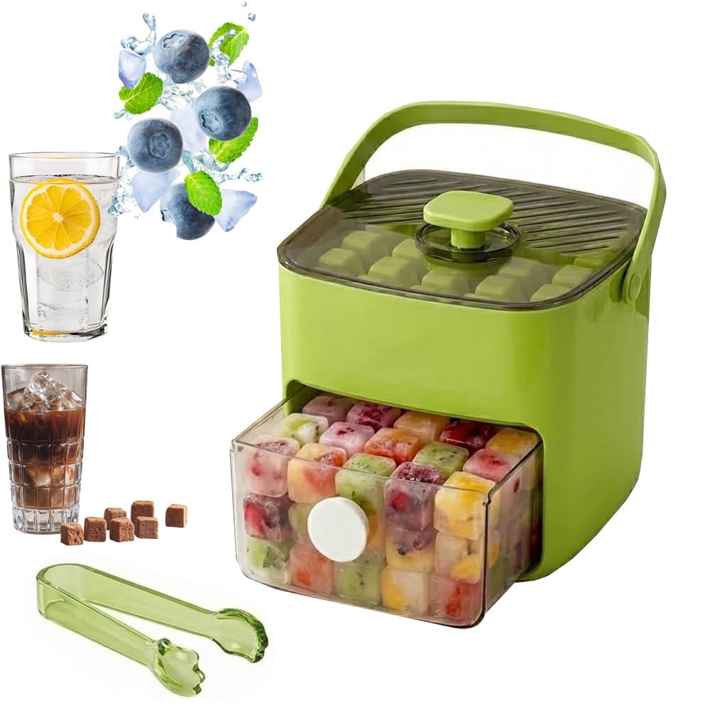 48 Cube Ice Maker with Easy Press Lid, Double-Deck Portable Ice Cube Tray, Ice Cube Mold Maker Container Box for Freezer Includes Lid Bin Tongs for DIY Whiskey Cocktail Coffee Beverages