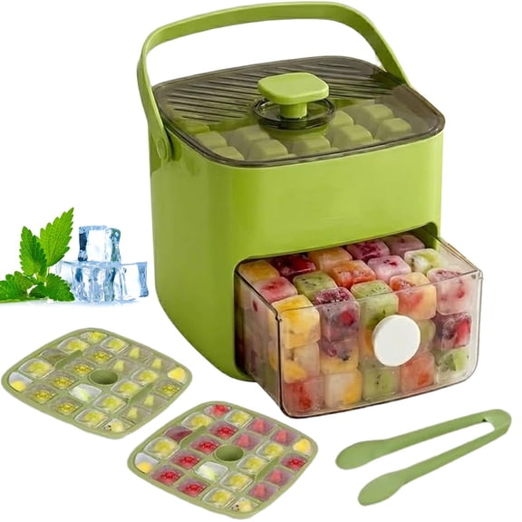 48 Cube Ice Maker With Easy Press Lid, Double Layer Portable Ice Cube Container with Lid and Storage Box for Freezer, Handled Press-Type Ice Cube Tray with Lid and Bin for Whiskey, Cocktail (Green)