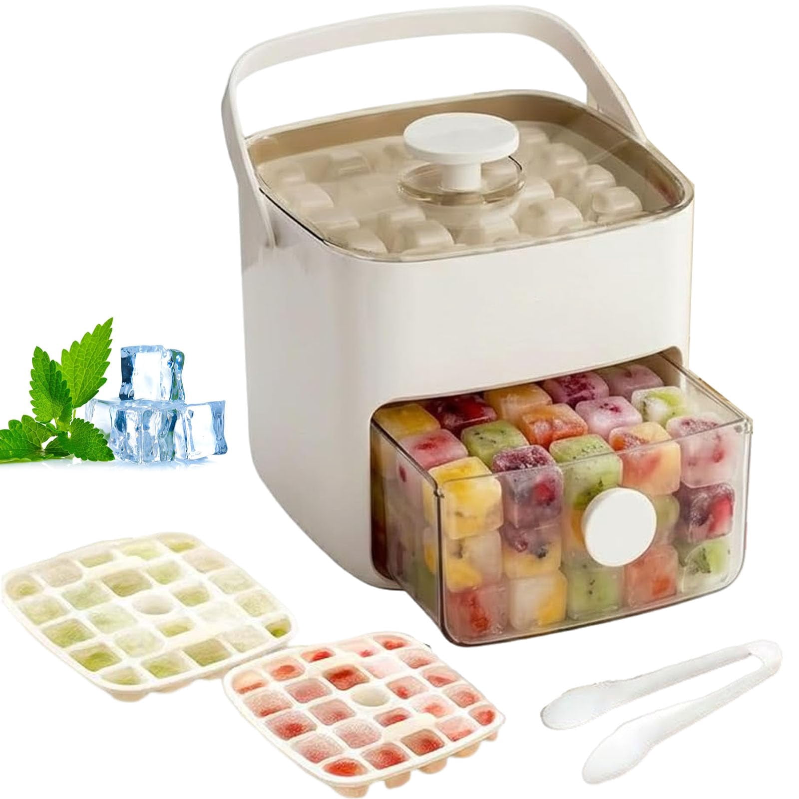 48 Cube Ice Maker With Easy Press Lid, Double Layer Portable Ice Cube Container with Lid and Storage Box for Freezer, Handled Press-Type Ice Cube Tray with Lid and Bin for Whiskey, Cocktail (Green)