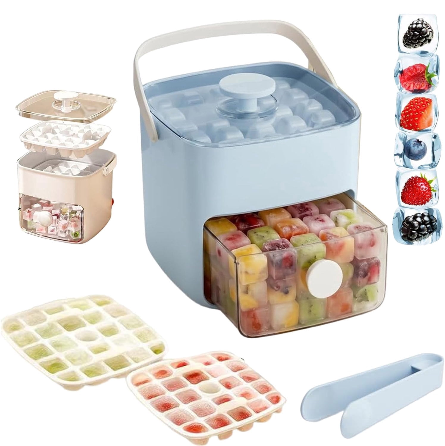 48 Cube Ice Maker With Easy Press Lid, Double Layer Portable Ice Maker with Lid and Storage Box for Freezer, Handled Press-Type Ice Cube Tray with Lid and Bin for Whiskey, Cocktail, Beer (Blue)