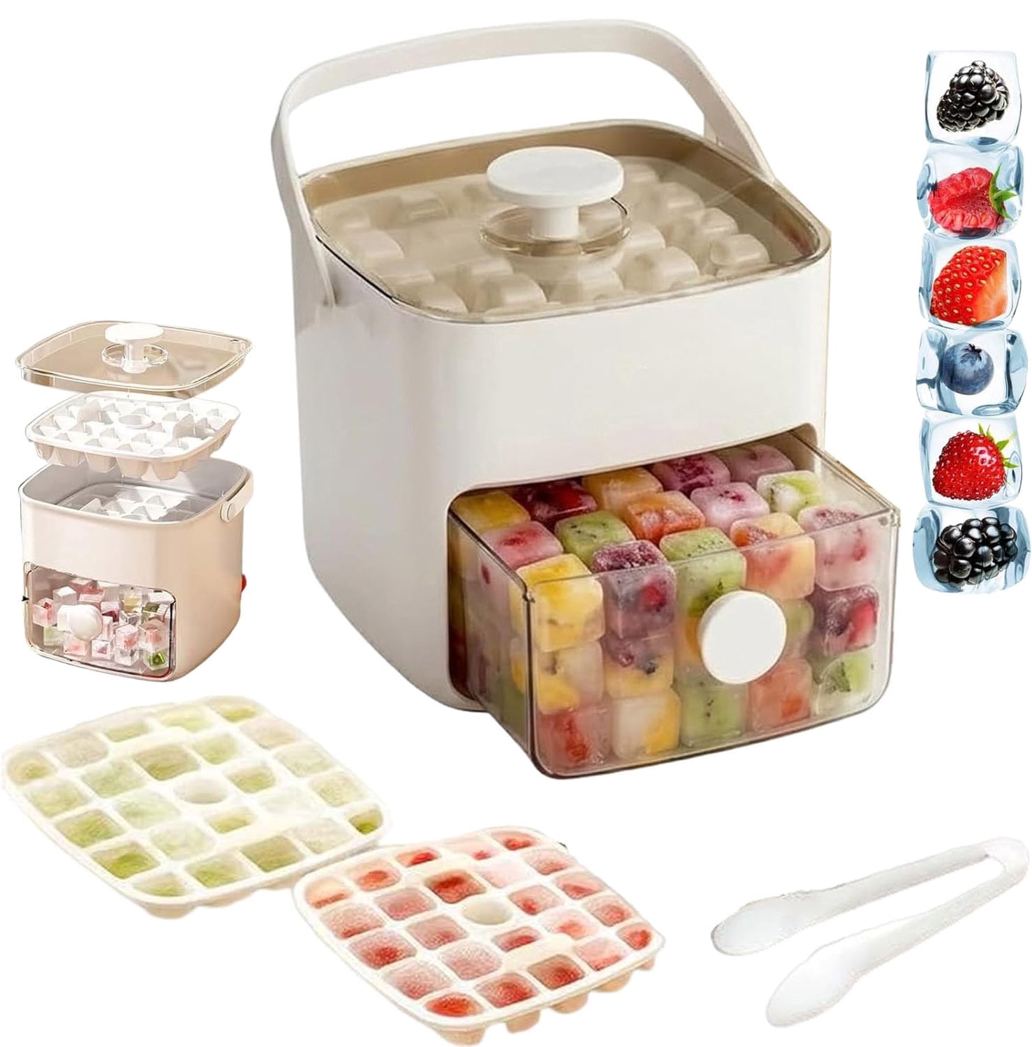 48 Cube Ice Maker With Easy Press Lid, Double Layer Portable Ice Maker with Lid and Storage Box for Freezer, Handled Press-Type Ice Cube Tray with Lid and Bin for Whiskey, Cocktail, Beer (White)