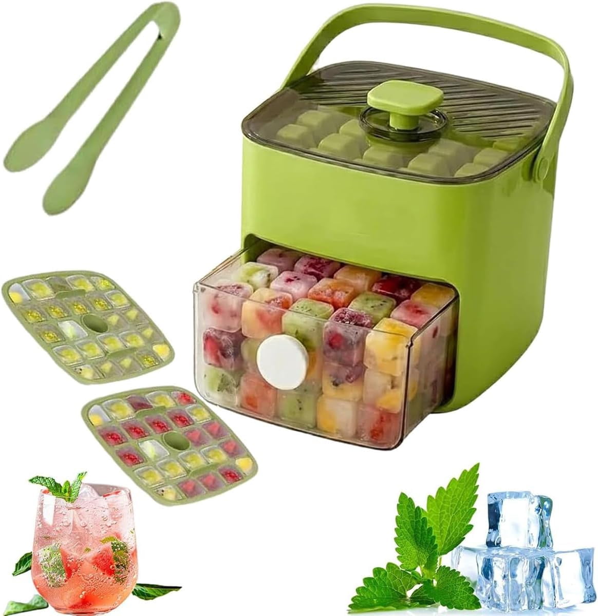 48 Cube Ice Maker with Easy Press Lid, Double Layer Portable Ice Tray with Storage Box, BPA-Free Press-Type Mold for Whiskey/Cocktail/Coffee (1 Piece, Green)
