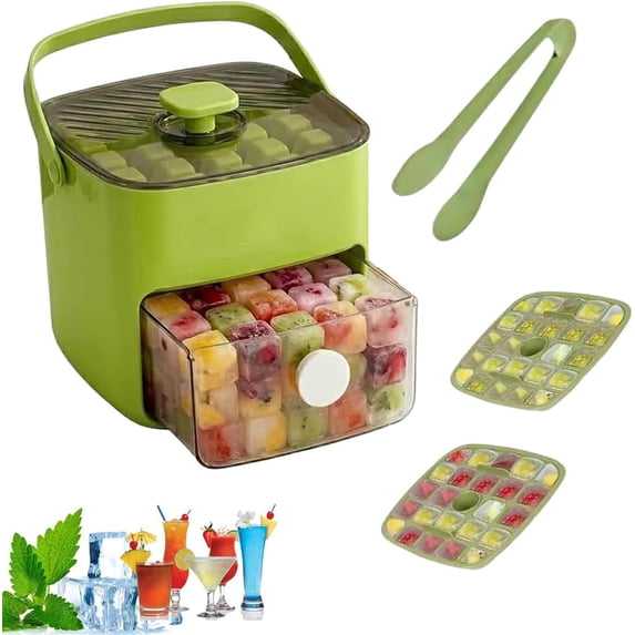 48 Cube Ice Maker With Easy Press Lid Ice Cube Tray Double Layer Portable Storage Bin BPA-Free Freezer Silicone Mold Press Type Easy Release for Whiskey Cocktail Coffee Beverages(Green)