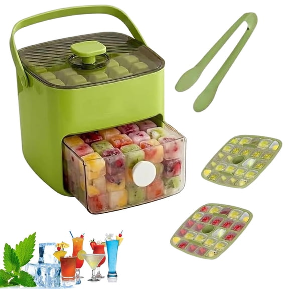 48 Cube Ice Maker With Easy Press Lid, Upgrade Handled Press-Type Ice Cube Mold Maker, Double Layer Portable Ice Cube Maker with Storage Box, for DIY Whiskey, Cocktail, Coffee, Beverages (Green)