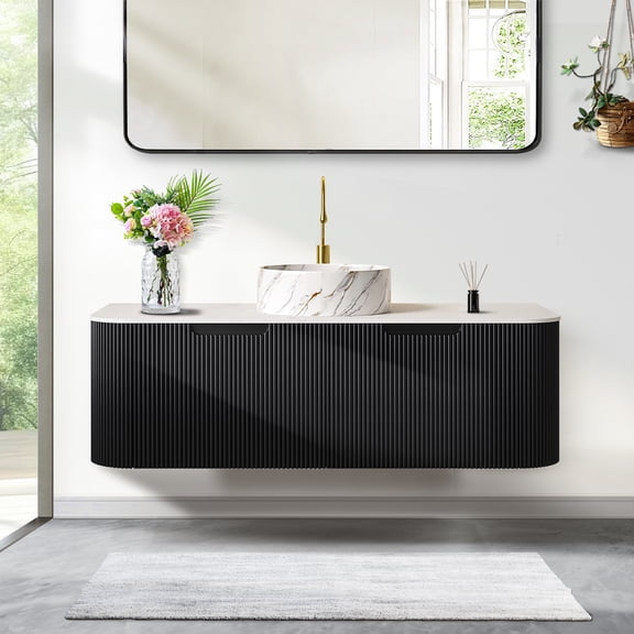 48" Curved Edges Striped Bathroom Vanity with Sink, Floating Plywood Cabinet with 2 Large Drawer, Ceramic Vessel Basin & Artificial Marble Top - Black Color Pre-assembled Vanity