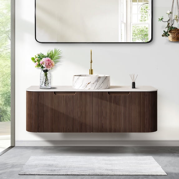 48" Curved Edges Striped Bathroom Vanity with Sink, Floating Plywood Cabinet with 2 Large Drawer, Ceramic Vessel Basin & Artificial Marble Top - Dark Walnut Wood Grain Color Pre-assembled Vanity