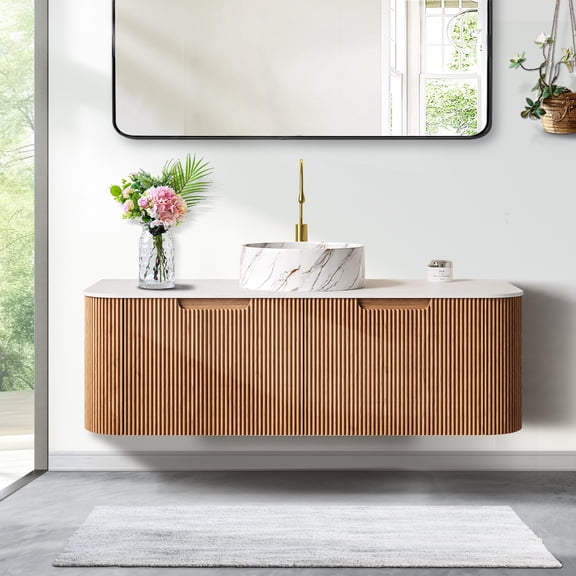 48" Curved Edges Striped Bathroom Vanity with Sink, Floating Plywood Cabinet with 2 Large Drawer, Ceramic Vessel Basin & Artificial Marble Top - Natural Wood Grain Color Pre-assembled Vanity