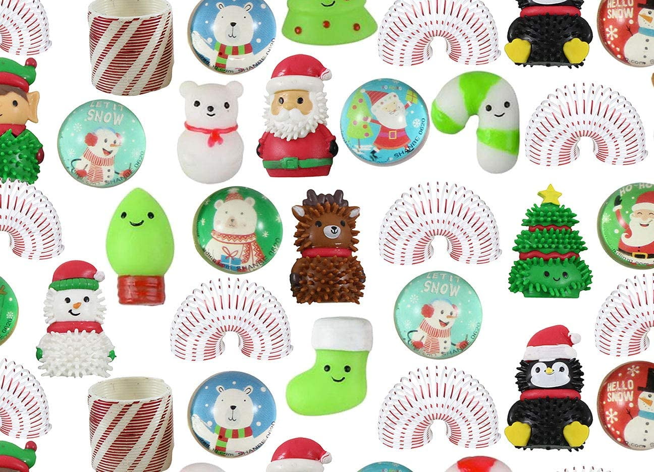48 Cute Christmas Theme Mix- Magic Springs, Mochi, Bouncy Balls, and Themed Wooly Hedge Porcupine Spiky - Fun Party Favor Toy - Christmas Winter (4 Dozen)