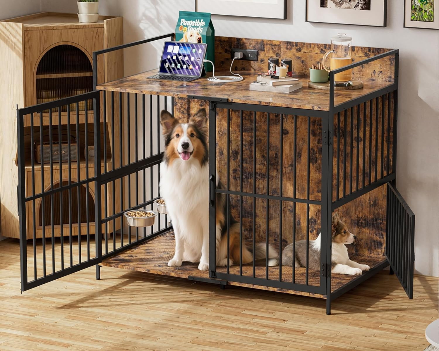 48" Dog Crate Furniture for Large Dogs, Wooden Dog Kennel with 360° Rotating Feeder Bowls and 3 Doors, Indoor Dogs Crates with USB Charging Station, Heavy Duty Medium Dog Cage