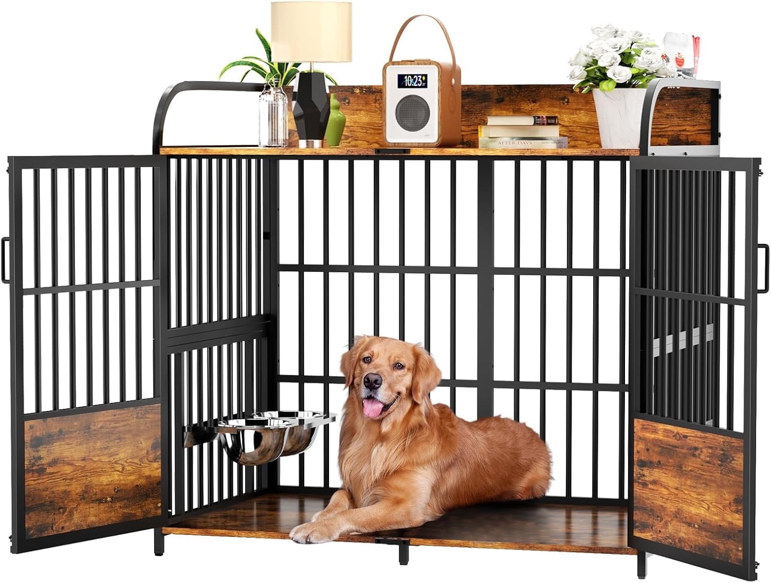48" Dog Crate Furniture with Adjustable Bowls, Indoor Furniture Style Wooden Dog Kennel, Decorative Dog Cage End Table for Small, Medium Dogs, Brown