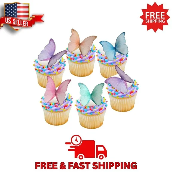 48 Edible Butterflies Cupcake Toppers Wafer Paper Cake Decor Wedding Party