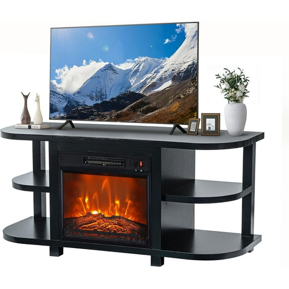 48" Electric Fireplace Tv Stand Up to 55" TVs with 18" Electric Fireplace,Entertainment Media Stand with Open Shelves and Storage Cabinets for Living Room, Bedroom (Black)